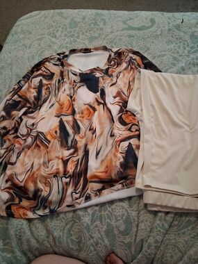 Marbled Print Top with Cream Accent And Matching Pants